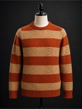 Authentic Gucci 100% Wool Striped Knit Sweater | Beige & Rust | Size L | Made in